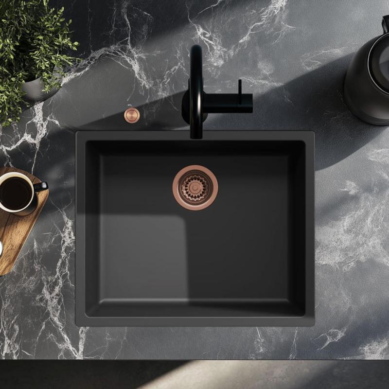 Νεροχύτης Ausmann Fibre μαύρος 50x40cm για κάτω, πάνω και επίπεδη επιφάνεια με αυτόματο χάλκινο πώμα 1208971858