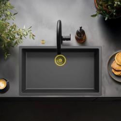 Αusmann Fibre μαύρο μεγάλο νεροχύτη 70x40cm εντοιχιζόμενο, επιτραπέζιο και επίπεδο με αυτόματη χρυσή βύσμα 1208971864