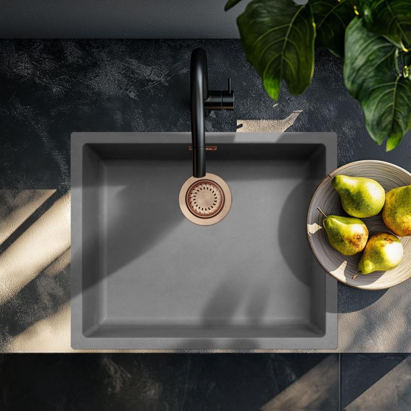 Ausmann Fibre τσιμεντένιο γκρι νεροχύτη 50x40cm εντοιχιζόμενο, επιφανειακό και επίπεδο εντοιχισμού με χάλκινη βύσμα 1208971884