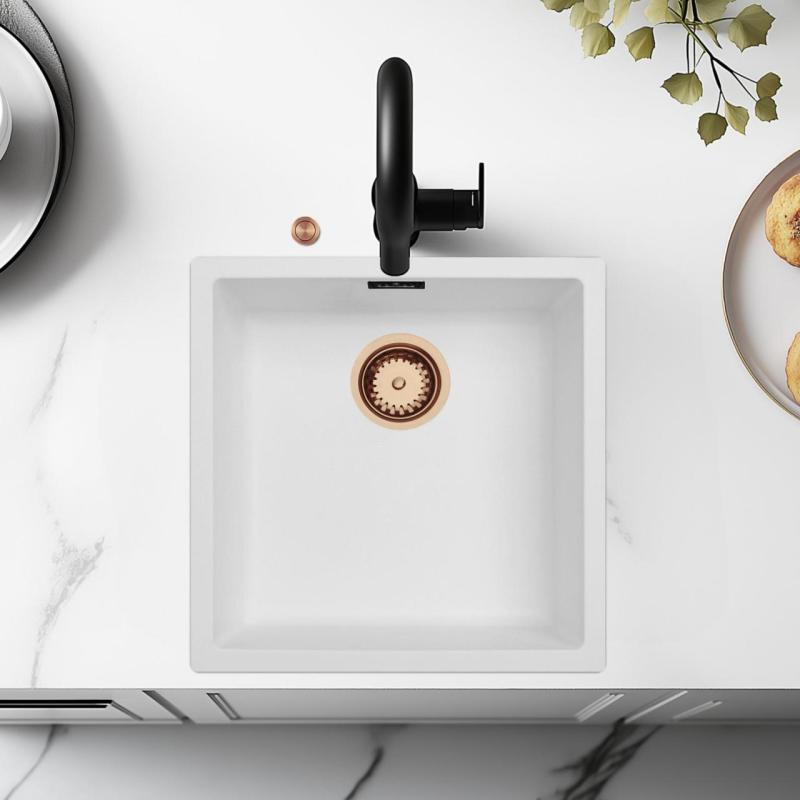 Ausmann Fibre λευκός νεροχύτης 40x40cm εντοιχισμένος, επιφανειακός και επίπεδος εντοιχισμός με αυτόματη χάλκινη βύσμα 1208971893