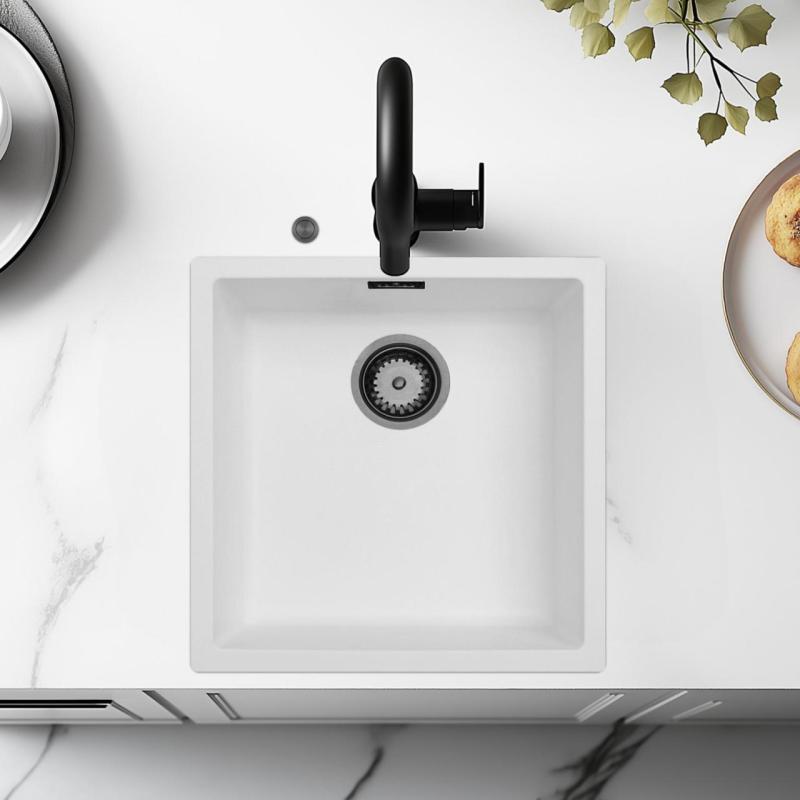 Ausmann Fibre λευκός νεροχύτης 40x40cm εντοιχιζόμενος, επιφανειακός και επίπεδος εντοιχισμός με αυτόματο σωλήνα gun metal 1208971895