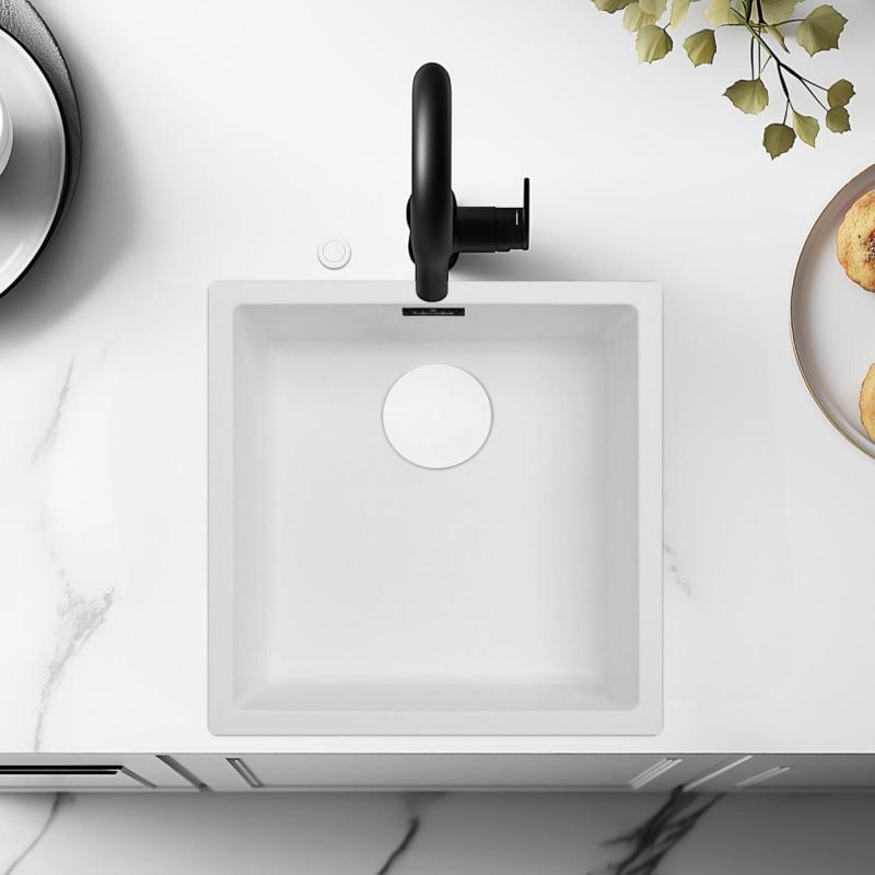 Ausmann Fibre λευκός νεροχύτης 40x40cm υποκατασκευή, επικατασκευή και επίπεδη ενσωμάτωση με αυτόματη λευκή βύσμα 1208971896