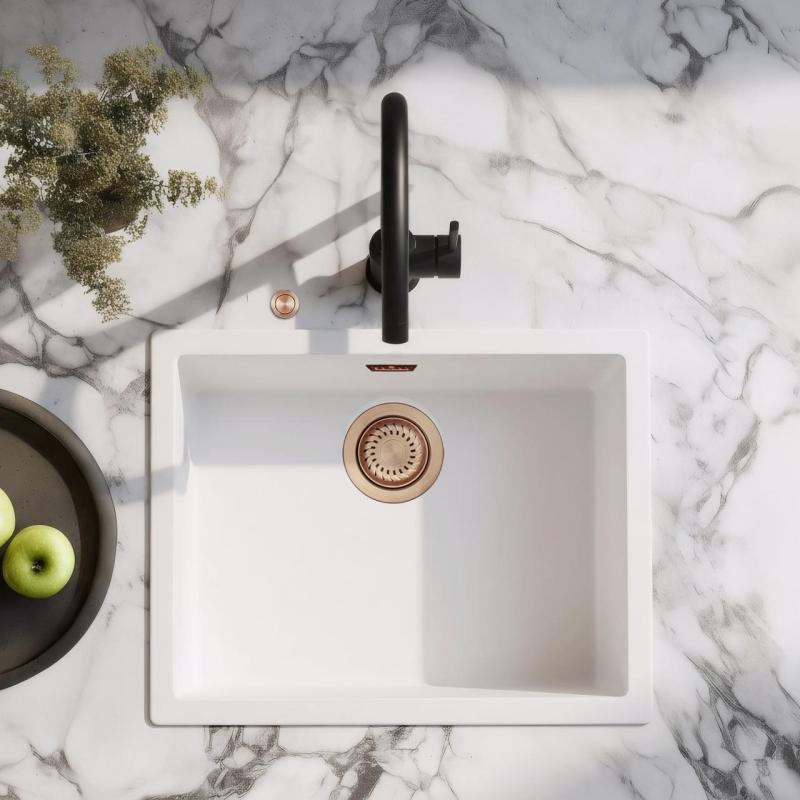 Ausmann Λευκός νεροχύτης ίνας 50x40cm υποδομή, επικαθήμενος και επίπεδης ενσωμάτωσης με αυτόματη χάλκινη βύσμα 1208971900