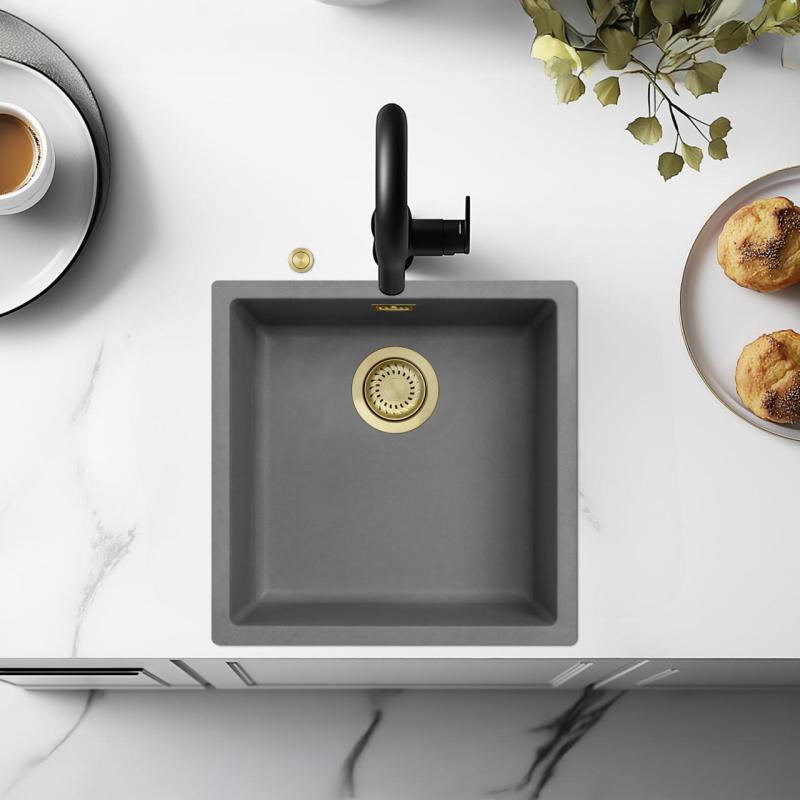 Ausmann Fibre σκυρόδεμα γκρίζο νεροχύτη 40x40cm υποδομή, επικατασκευή και επίπεδη ενσωμάτωση με αυτόματο χρυσό φίλτρο 1208971913