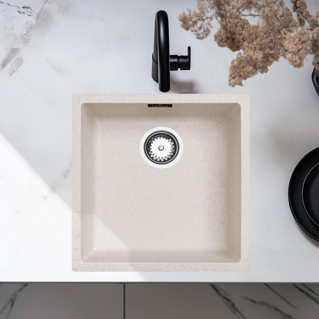 Ausmann Fibre άμμος λευκή νεροχύτης 40x40εκ εντοιχιζόμενη, επιφανειακή και επίπεδη ενσωματωμένη με αυτόματο ανοξείδωτο βύσμα 1208971925