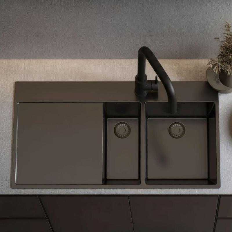 Pure.Sink Exclusivo Gun metal 1,5  νεροχύτης με αποστραγγιστικό 100x52 cm Βρύση δεξιά PEX3418100RT-61