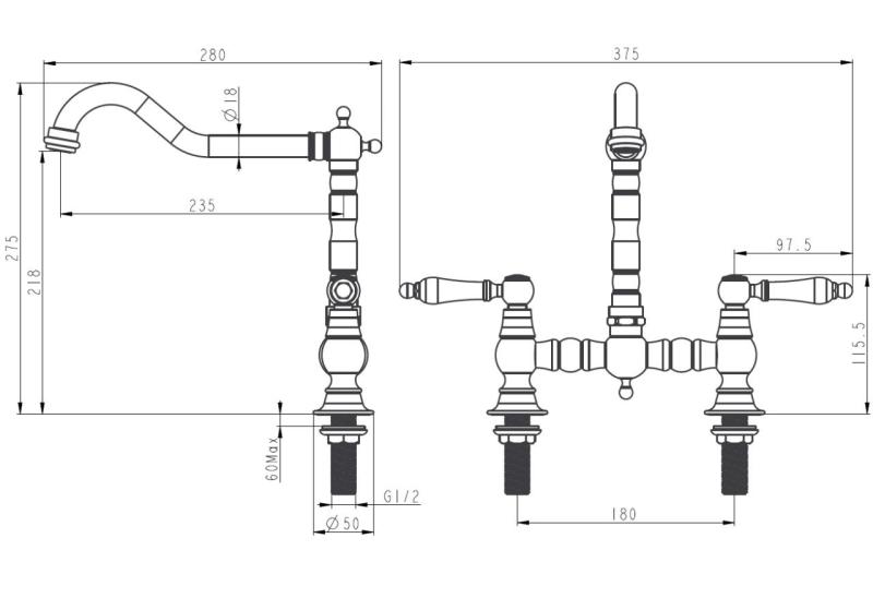 Aquanello Heritage Manor Κλασική κουζίνα, νοσταλγική βρύση κουζίνας σε μαύρο χρώμα με λευκό μοχλό BL-0010-HM