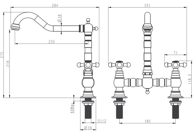 Aquanello Heritage Ascot Κλασική κουζίνα, νοσταλγική βρύση κουζίνας με χερούλια σε σχήμα σταυρού, χάλκινη, BN-4001-HA
