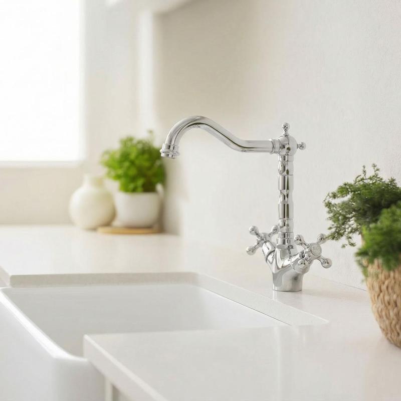 Aquanello Heritage Ascot Κλασική κουζίνα – Νοσταλγική βρύση κουζίνας από χρώμιο με γωνιακό στόμιο CR-4002-HA