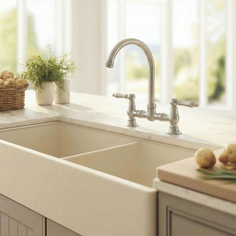 Aquanello Heritage Manor Κλασική κουζίνα, νοσταλγική βρύση κουζίνας με χρωμιωμένη βάση, λευκό μοχλό και στρογγυλό στόμιο CR-0011-HM