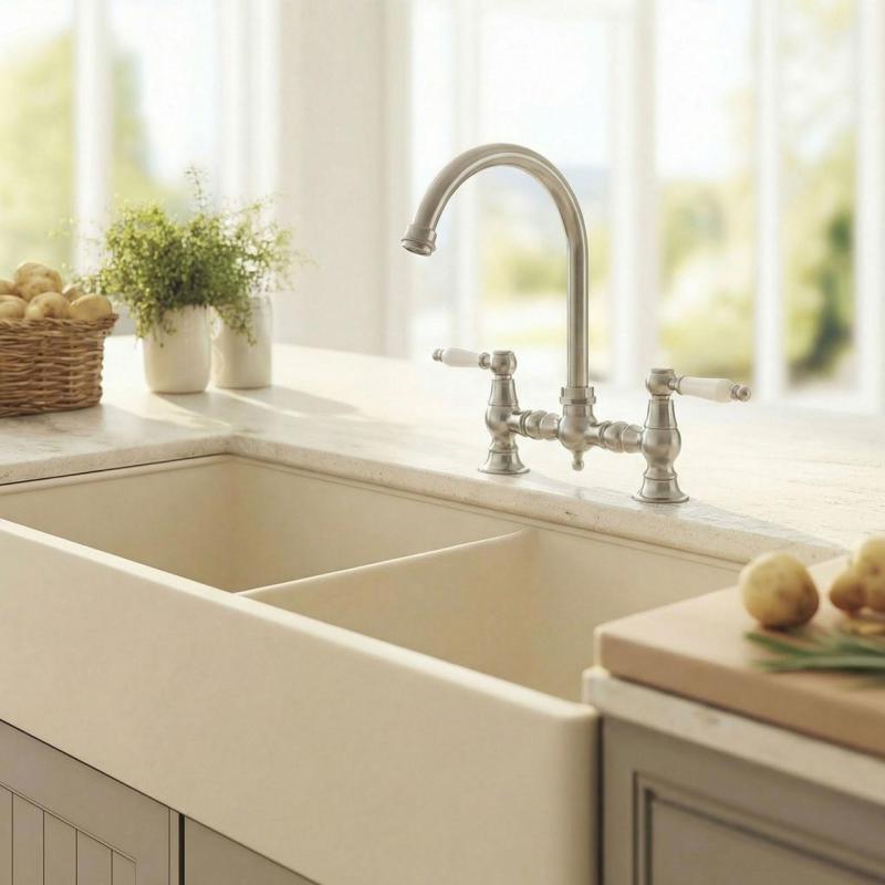 Aquanello Heritage Manor Κλασική κουζίνα Νοσταλγική γέφυρα Βρύση κουζίνας από ανοξείδωτο ατσάλι με λευκό μοχλό και στρογγυλή έξοδο NB-0011-HM