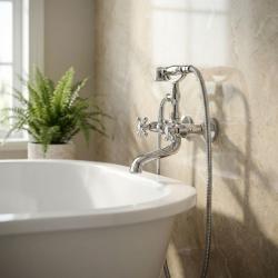 Aquanello Heritage Ascot Κλασική επιτοίχια βρύση μπάνιου με κουμπιά χρωμίου, συμπεριλαμβανομένου χειροκίνητου ντους CR-3002-HA