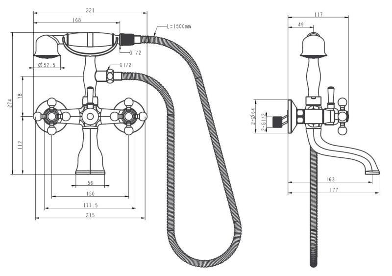 Aquanello Heritage Ascot Κλασική επιτοίχια βρύση μπάνιου με κουμπιά χρωμίου, συμπεριλαμβανομένου χειροκίνητου ντους CR-3002-HA