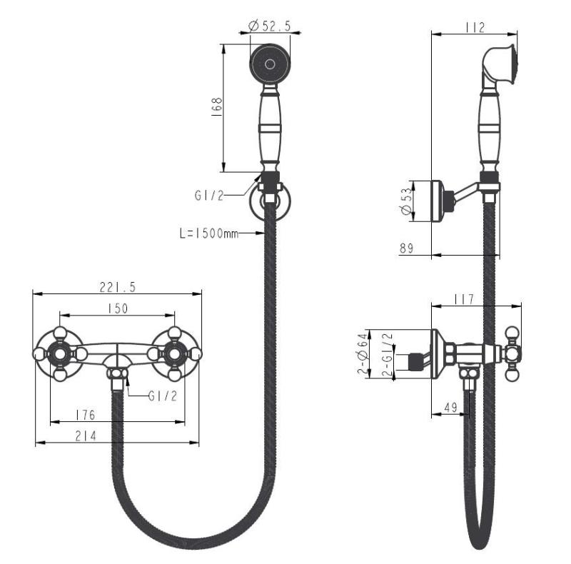 Aquanello Heritage Ascot Κλασικό σετ ντουζιέρας με κουμπιά σε σχήμα αστεριού, χάλκινο, με χειροκίνητη ντουζιέρα BN-2002-HA