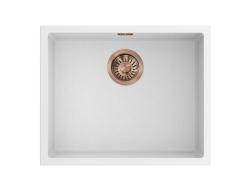 Pure.Sink Eternal Λευκός νεροχύτης Quartz 50x40 cm, για εντοιχισμένη ή επιτοίχια τοποθέτηση, με χάλκινο πώμα